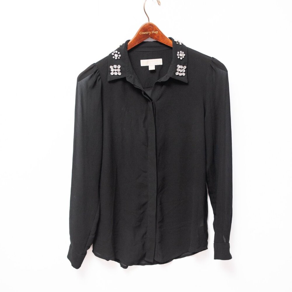 Michael Kors Embellished Collar Sheer Blouse XS Black Jewel Rhinestone Top Glam - Picture 5 of 14